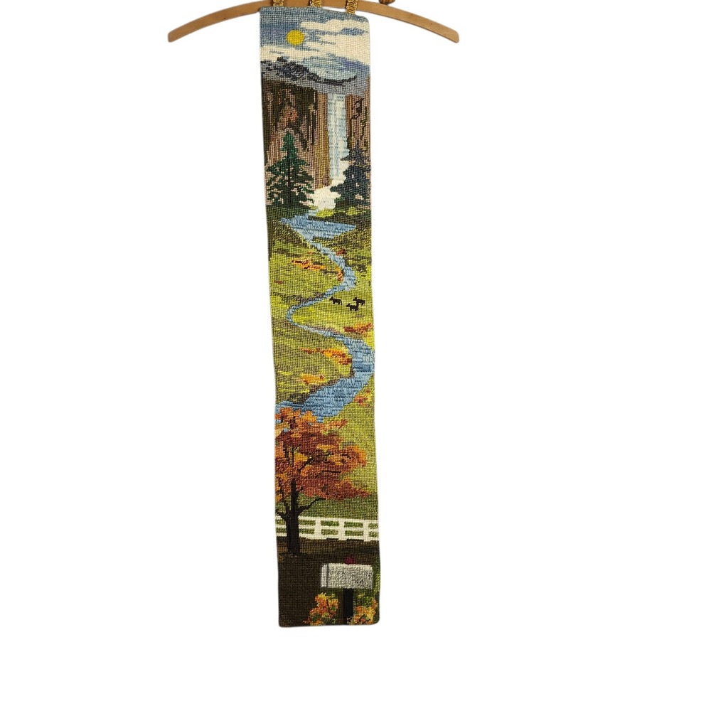 Vintage Needlepoint Bell Pull Wall Hanging Waterfall Landscape Wood Dowel 35x6